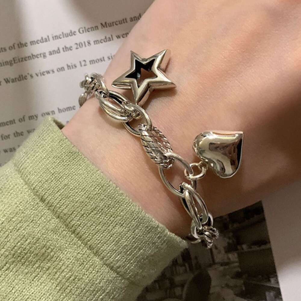 NEW 925 Sterling Silver Heart Star Link Chain Bracelet